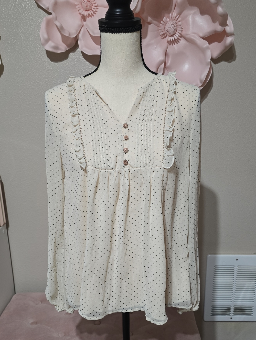 Cream Polka Dot Ruffle Button Blouse